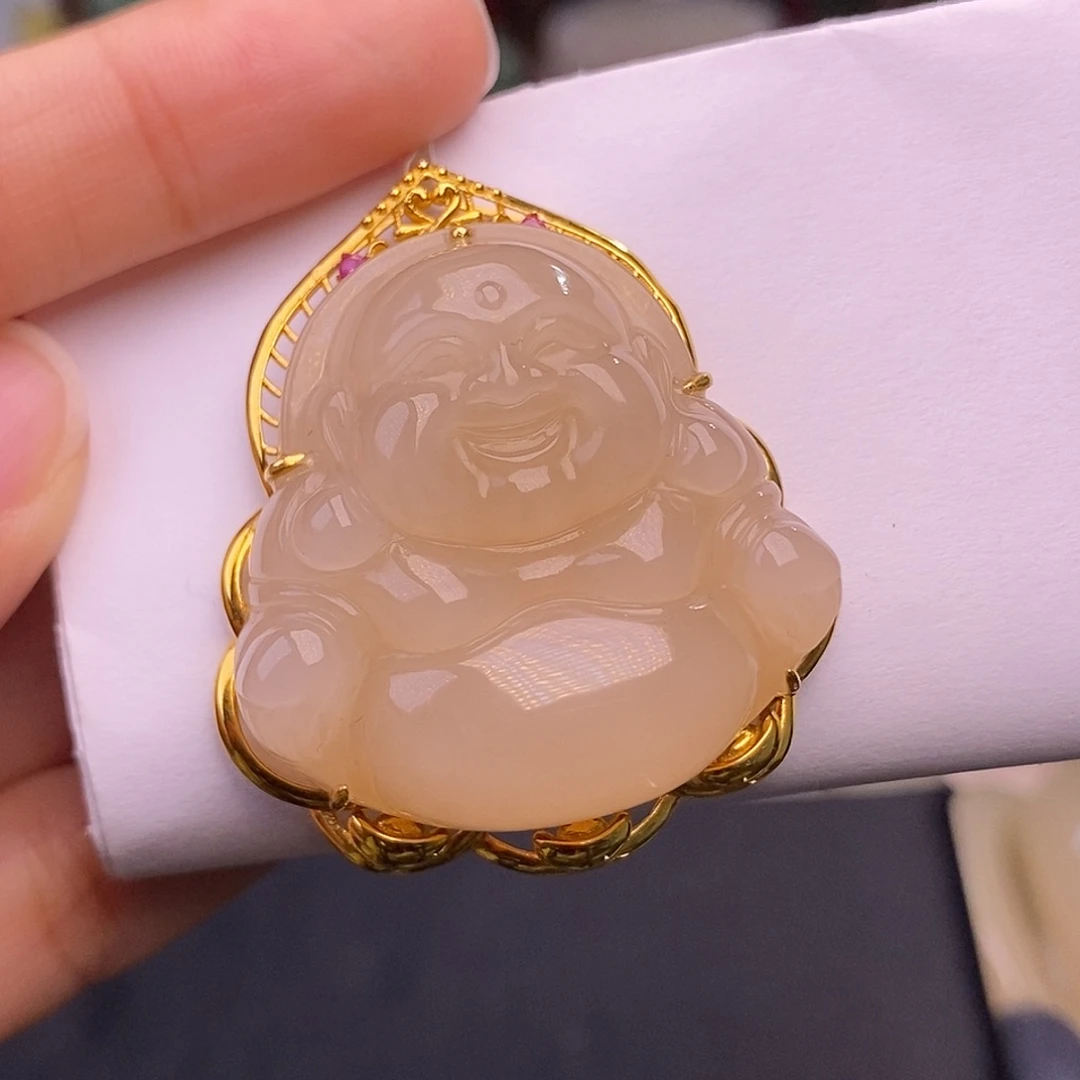 和田玉未镶嵌颈饰熟藕粉老矿料脂膏级佛公18.K金