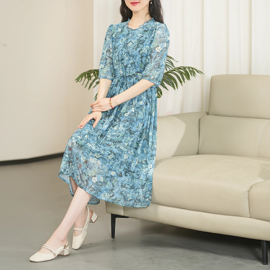 运费补贴（繁花）2025年夏季蚕丝圆领扎染印花显瘦气质连衣裙