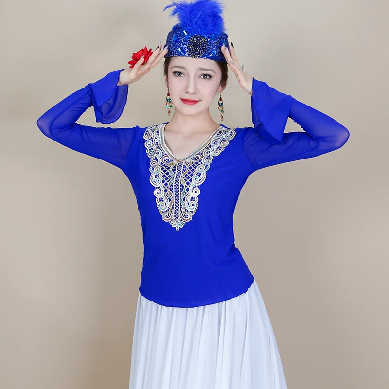 MUSE-【新疆舞】A1078A彩金V领练功小衫洋气简单百搭轻薄长袖喇叭