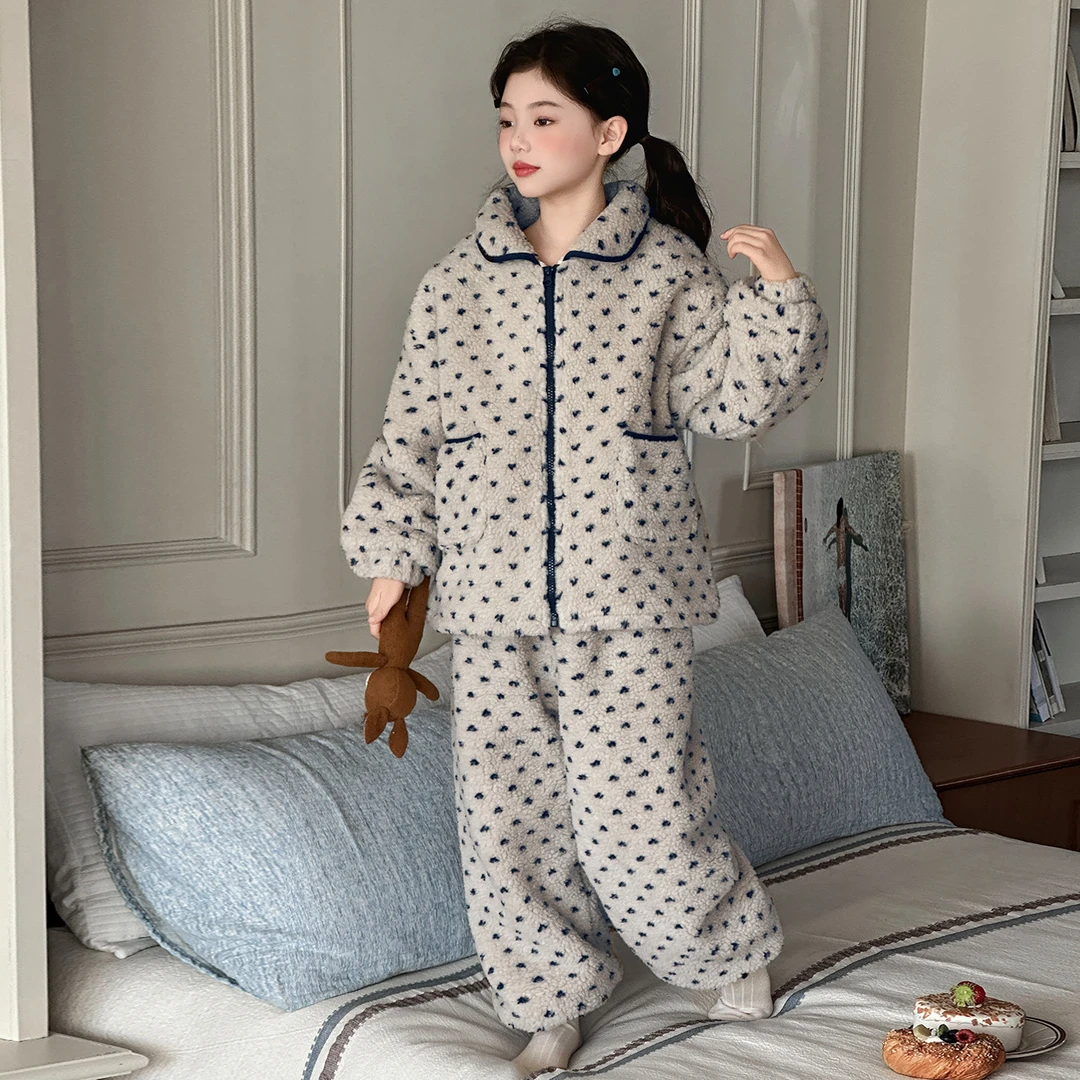 韩系加厚女童睡衣冬2025新款初中生女孩珊瑚绒家居服儿童保暖套装