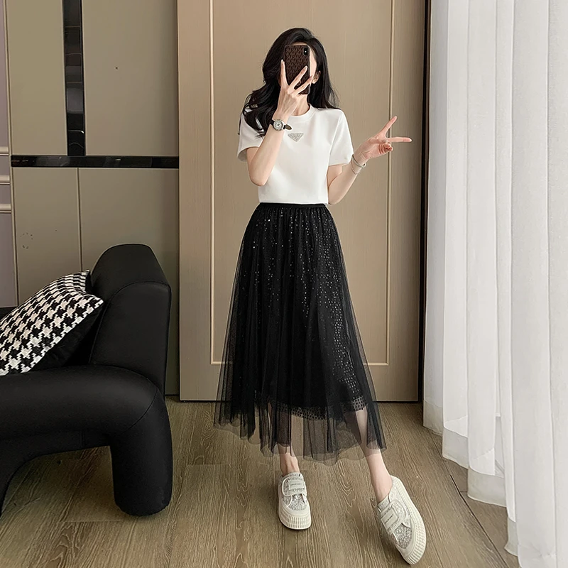 盐系轻熟时尚套装裙女夏季2025新款气质短袖T恤网纱半身裙两件套