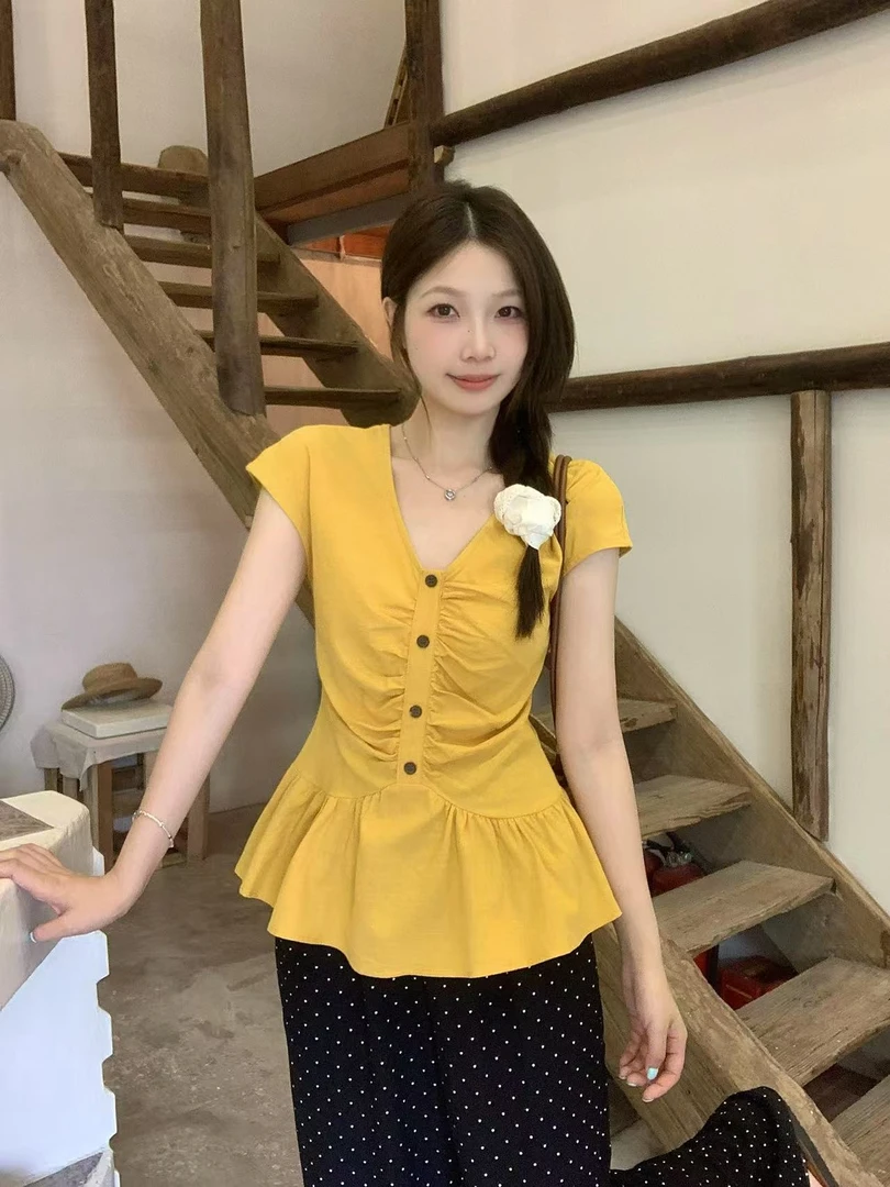 韩系V领褶皱收腰短袖T恤女2025夏季新款大码胖mm气质时尚百搭显瘦