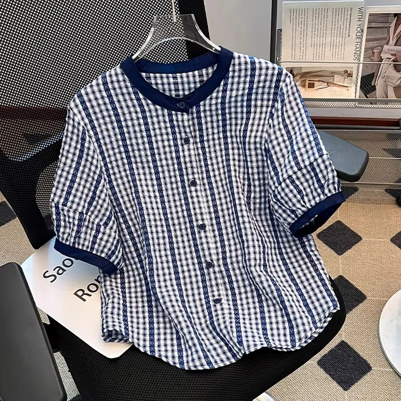拉夏贝尔蓝色格子衬衫女短袖夏季新款爆款宽松慵懒风减龄上衣小衫