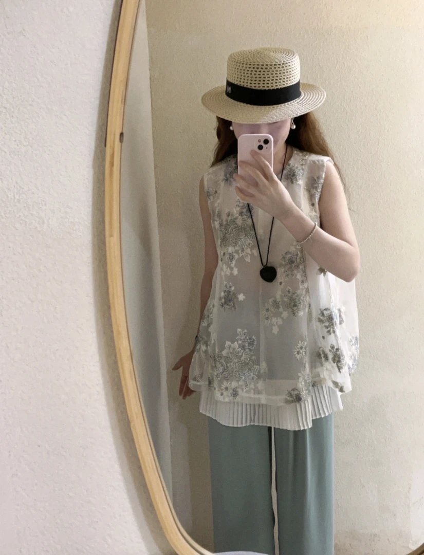 灰灰呀！252127 新中式国风重工刺绣宽松显瘦拼接百褶无袖背心衬衫