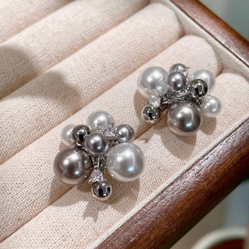 铜合金仿珍珠耳饰 银灰色珍珠气泡烟花耳钉复古轻奢小众闪耀