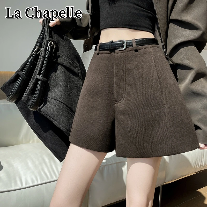 拉夏贝尔秋冬毛呢休闲西装直筒短裤韩版百搭宽松显瘦a字阔腿裤子