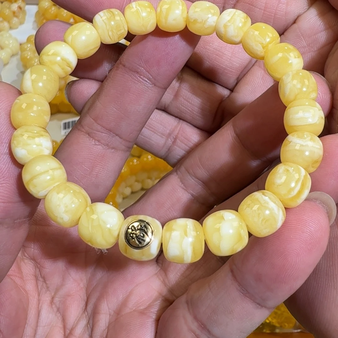 琥珀未镶嵌珠宝奇石9m精工老型白花蜡手串10.3克