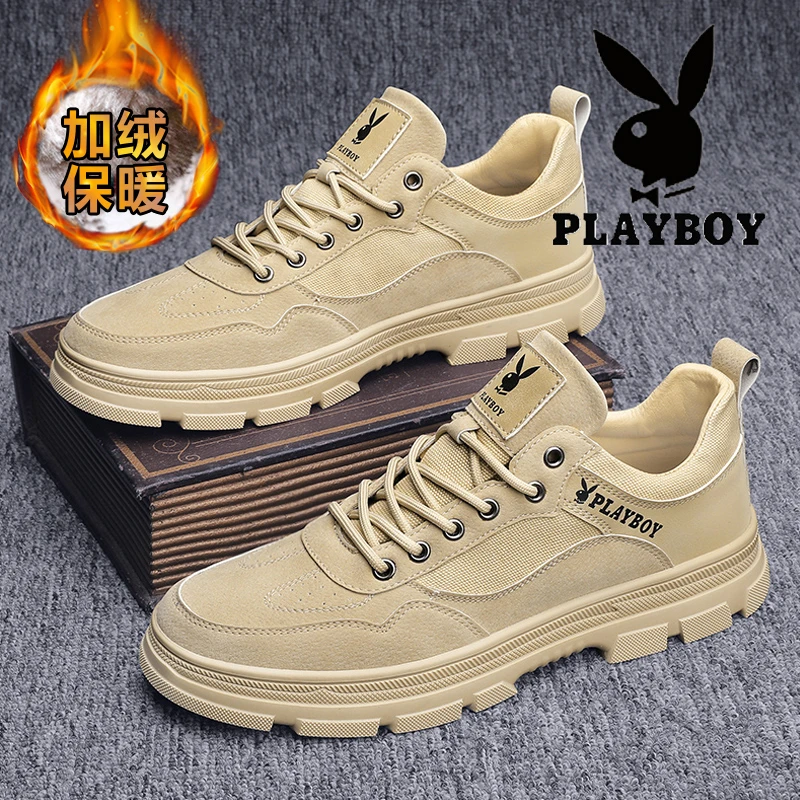 花花公子男鞋春冬季2025新款工装休闲皮鞋防滑舒适鞋加绒运动百搭