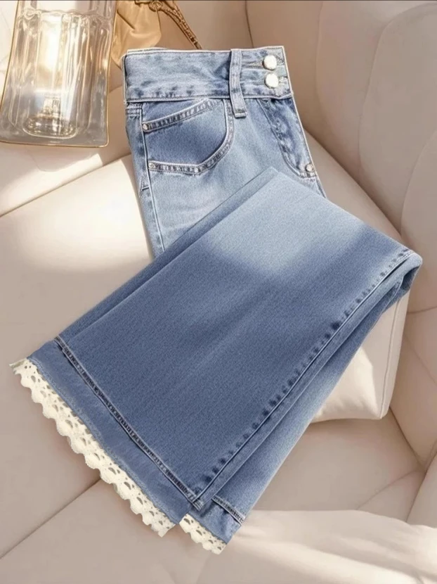 小香风蓝色牛仔阔腿裤女2025春季爆款时尚高腰显瘦微喇休闲长裤子