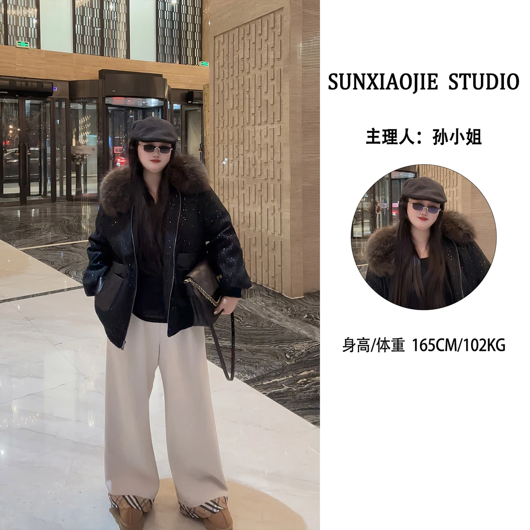 Miss·Sun—大码女装冬季新款【星光闪耀】貉毛领绵羊皮显瘦外套