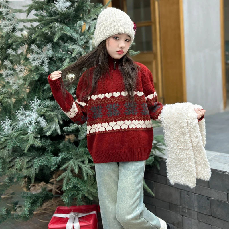 女童加绒加厚毛衣2025新款半高领秋冬季针织衫费尔岛提花年款百搭
