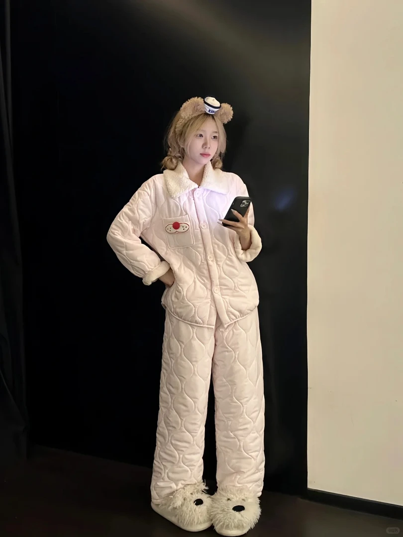 韩系网红可爱酷猫小夹棉睡衣女冬季新款加绒加厚保暖家居服套装