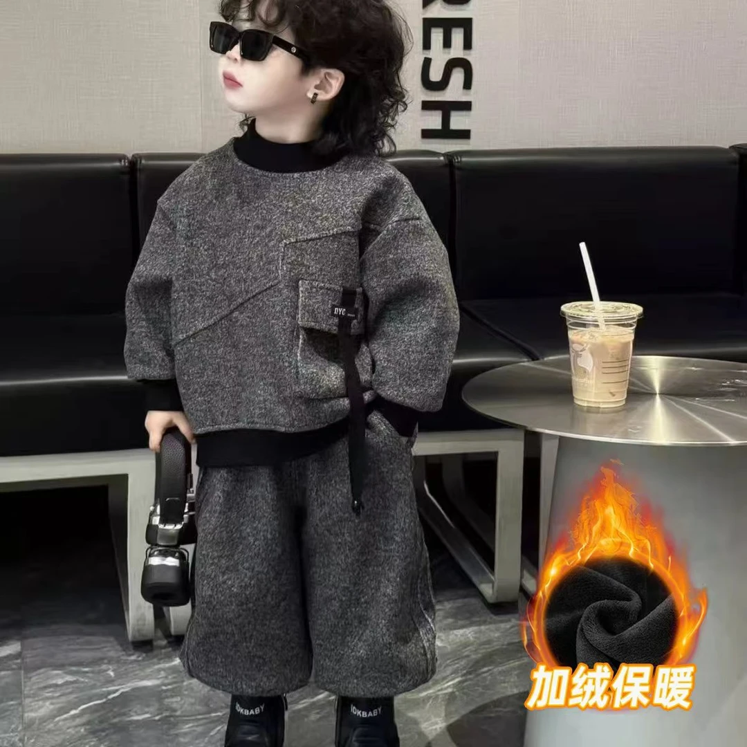 新款男童加绒套装2025冬季洋气卫衣卫裤时尚潮流韩版中小童两件套
