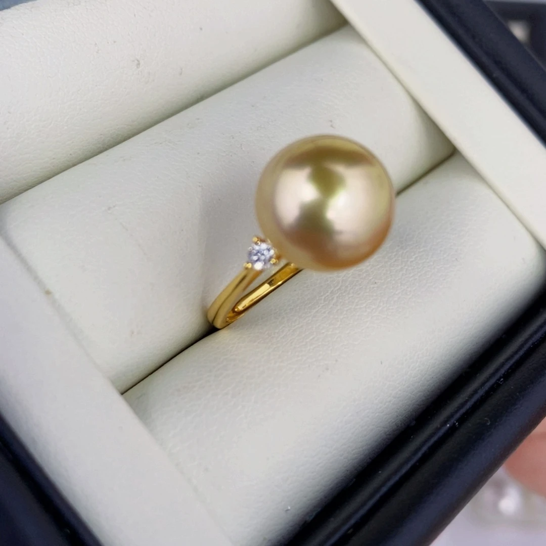 戒圈银S925镶嵌海水珍珠11-12mm南洋金珠戒指成品