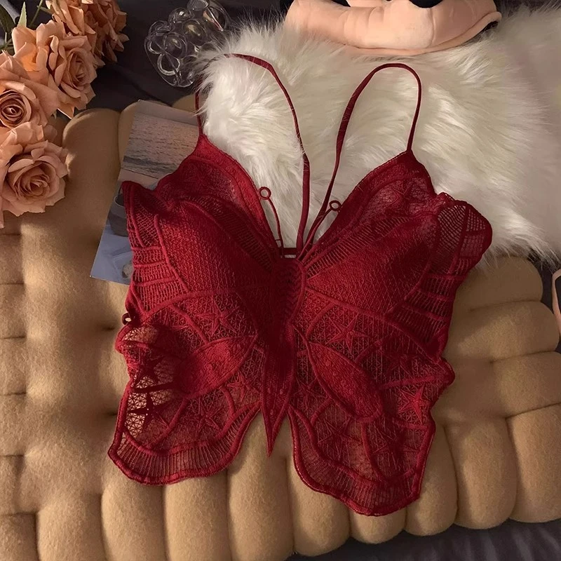 安可拉红色蕾丝背心美背性感吊带背心女夏内搭抹胸蝴蝶带胸垫上衣