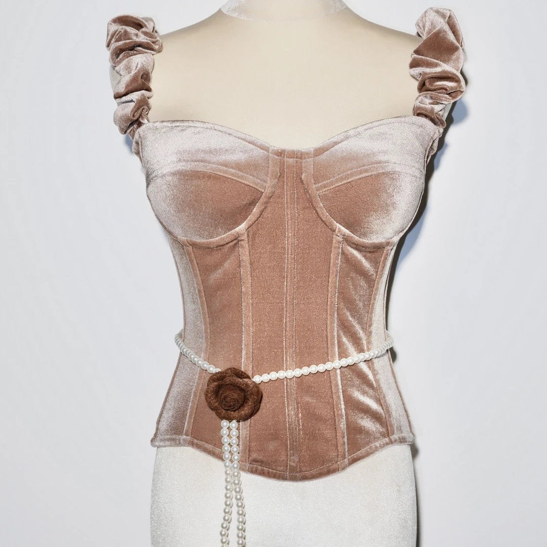 LADUESSE秋冬【暮光垂帘】金丝丝绒显瘦泡泡吊带肩带时尚鱼骨胸衣