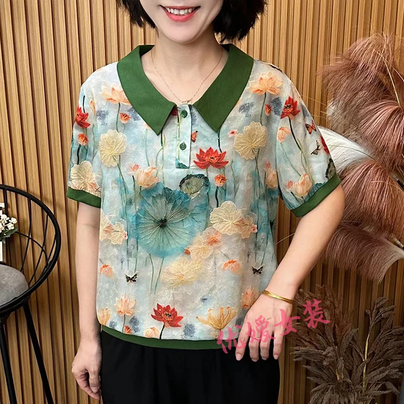 妈妈装夏薄款减龄荷花翻领宽松显瘦透气中老年女装短袖上衣 A2812