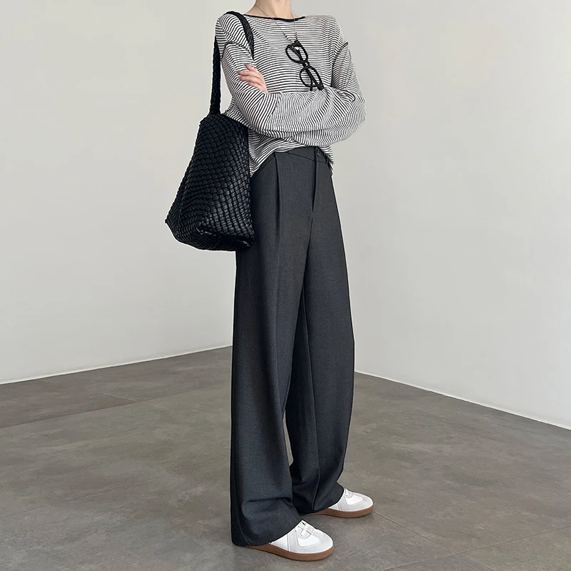 窄版西装裤女春秋2025新款高腰垂感拖地休闲设计感直筒灰色阔腿裤