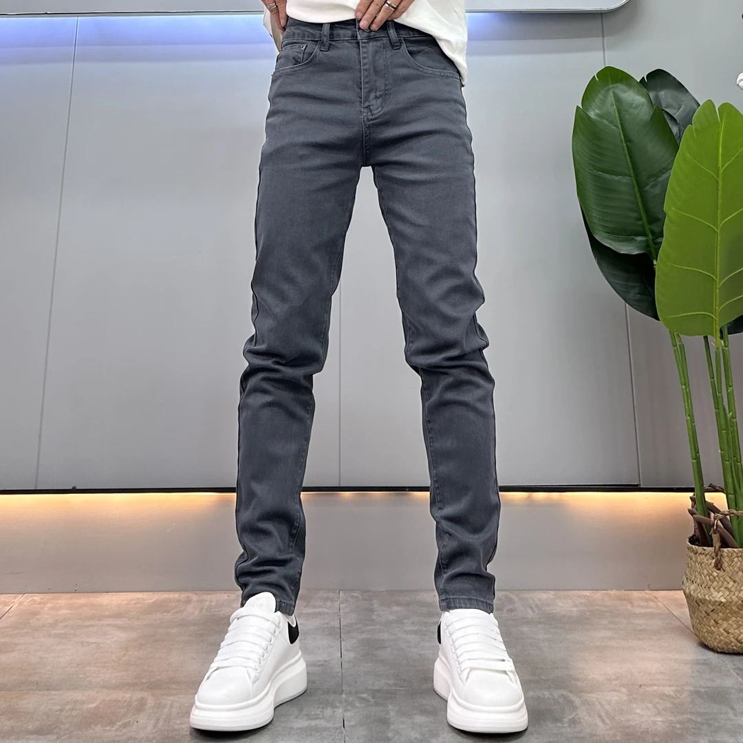 夏季薄款轻奢韩版修身牛仔裤男士时尚简约百搭弹力深黑灰休闲长裤