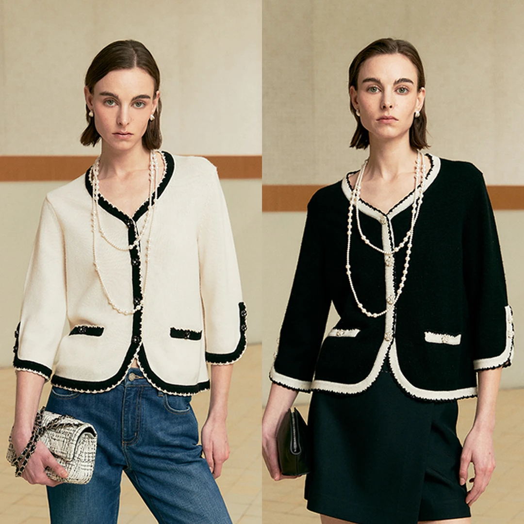 MARIUS“小苍兰”山羊绒随搭松弛感小香风花边撞色针织开衫马甲