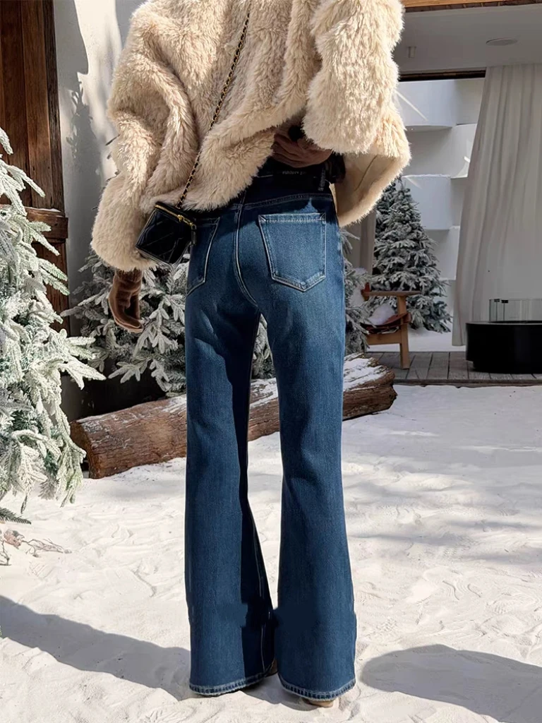 SU【360】代G 愫珊  冬款特绒喇叭牛仔裤高腰深蓝色加厚拖地裤