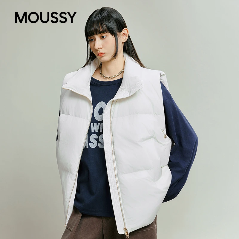 moussy 2025秋季新品纯色翻领保暖宽松90羽绒马甲女028IAA30-1041
