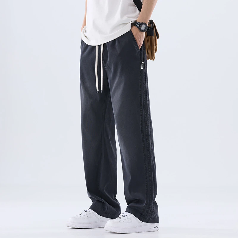 莱赛尔天丝休闲牛仔裤男士夏季薄款拖地裤潮流阔腿裤美式直筒长裤