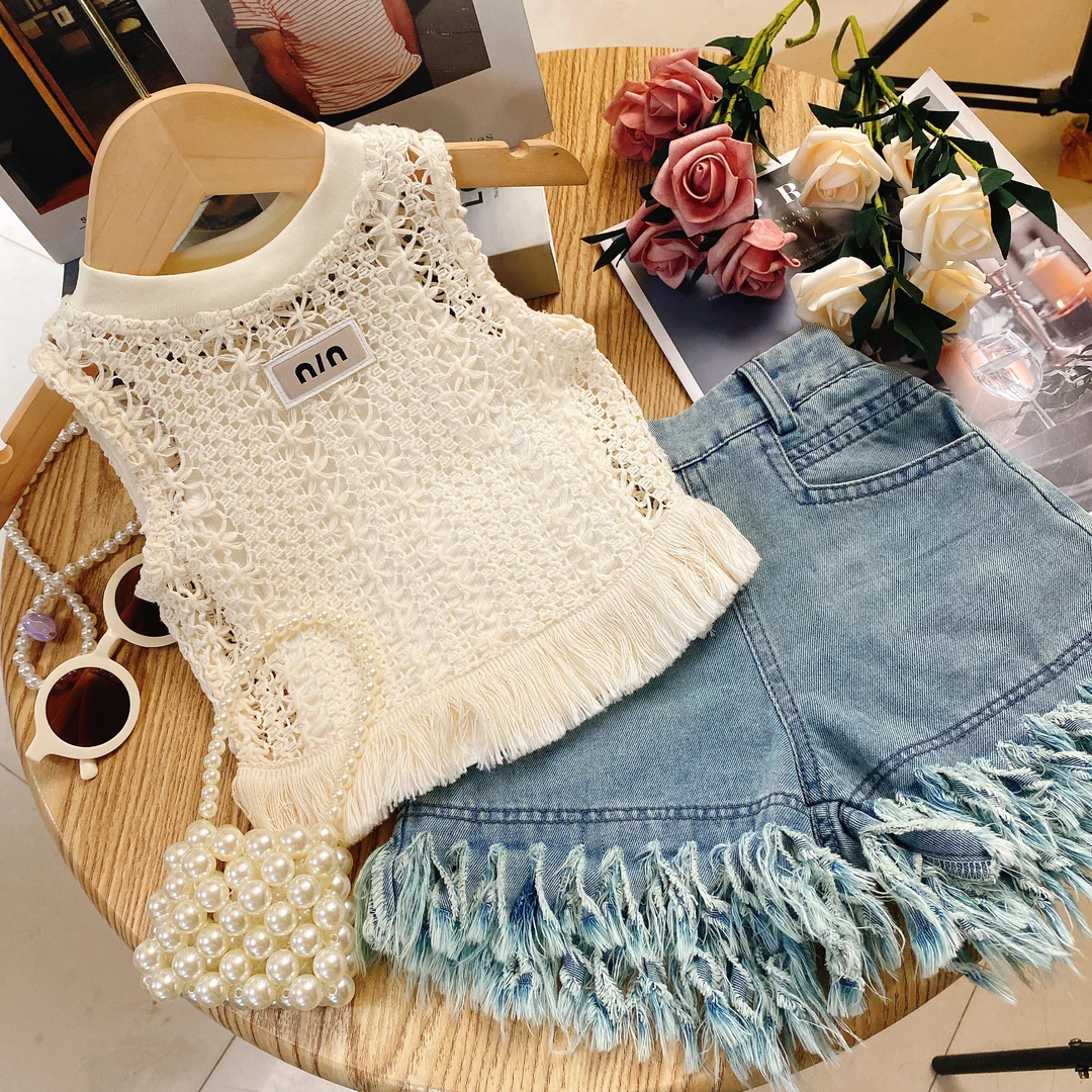 HY女童夏季套装新款洋气吊带儿童女宝背心牛仔时尚套装两件套8249