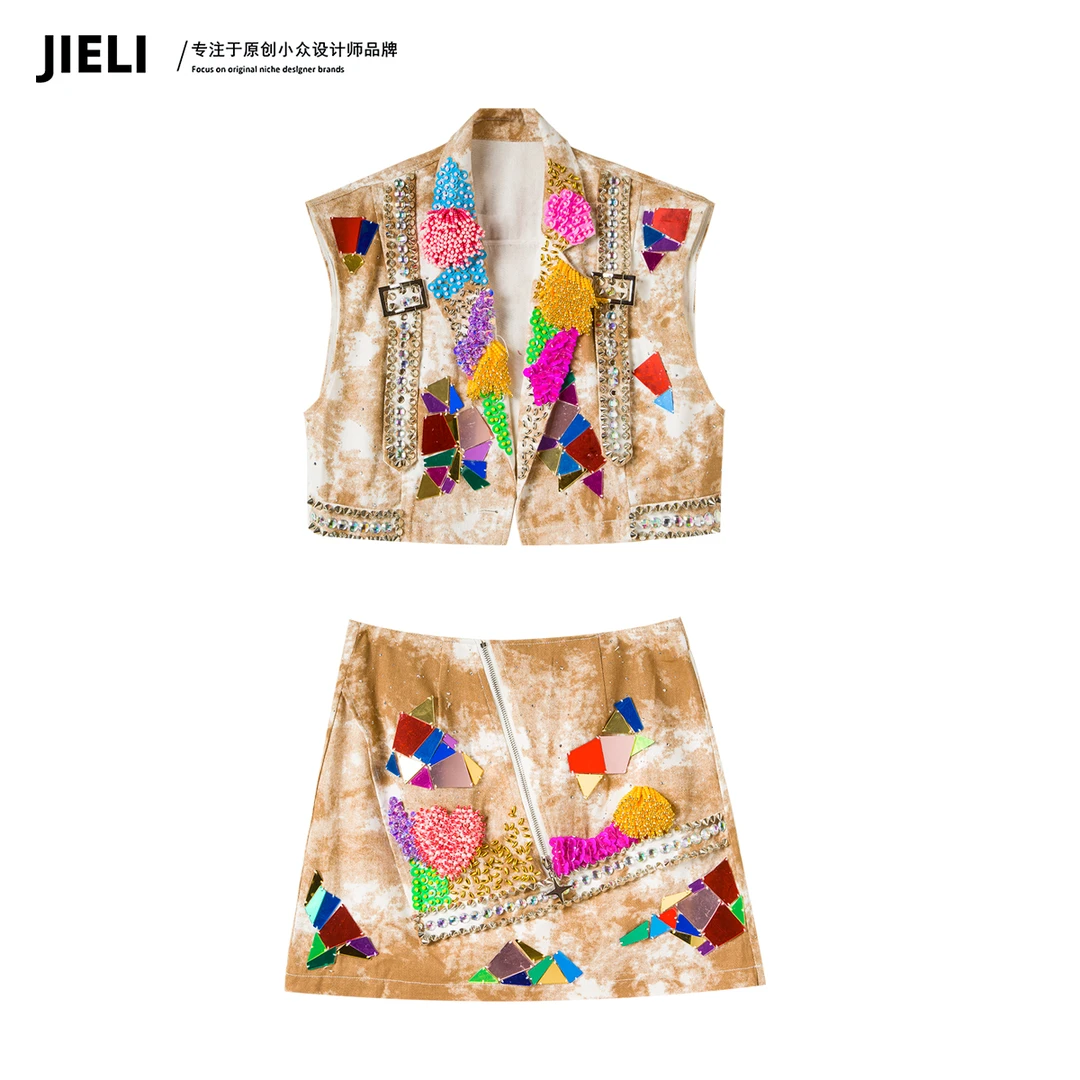 JIE LI/街力小众设计长袖运动套装时尚休闲潮流卡其色套装女Q8513