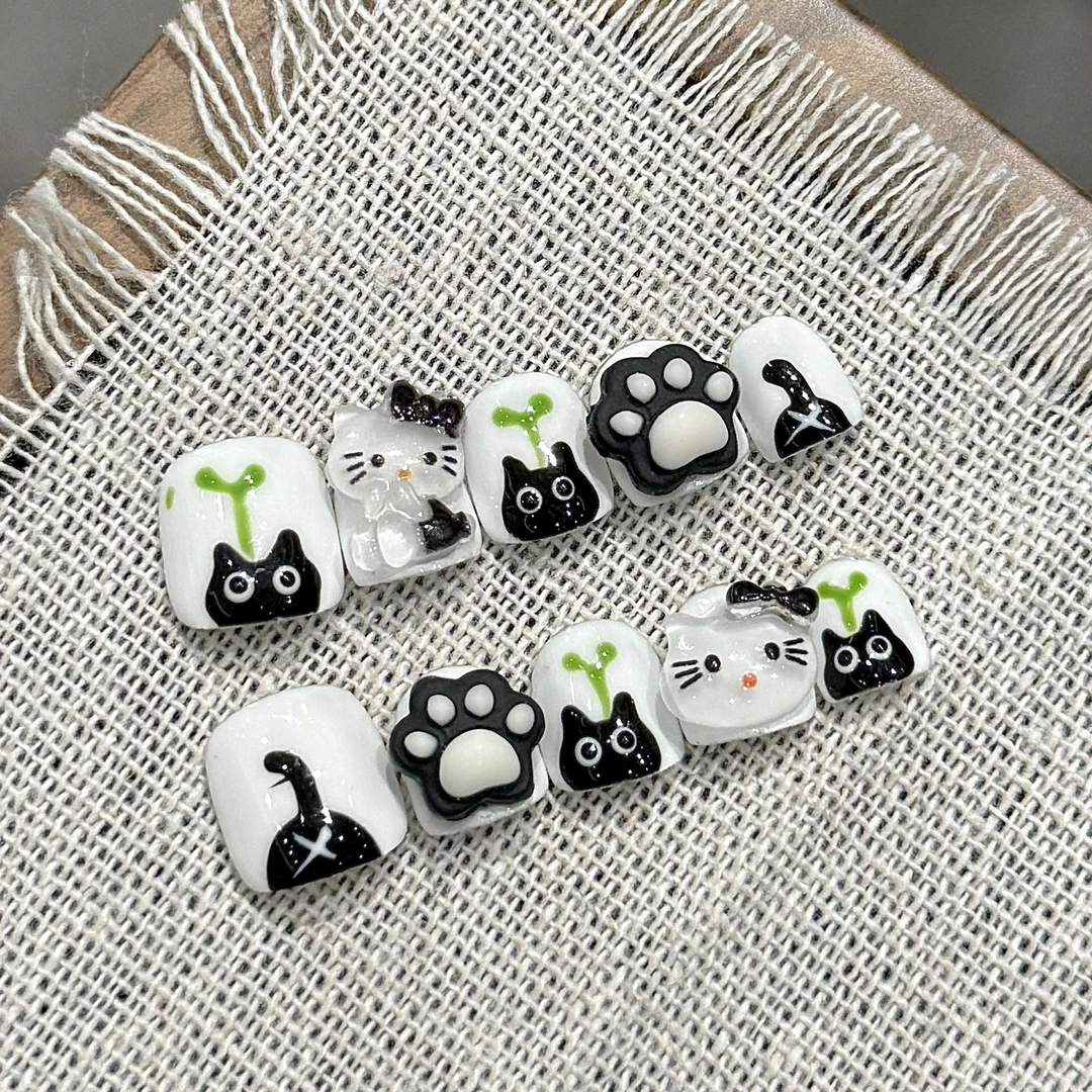 小黑猫｜小朋友手工穿戴甲可爱黑猫kt不伤指甲贴10片