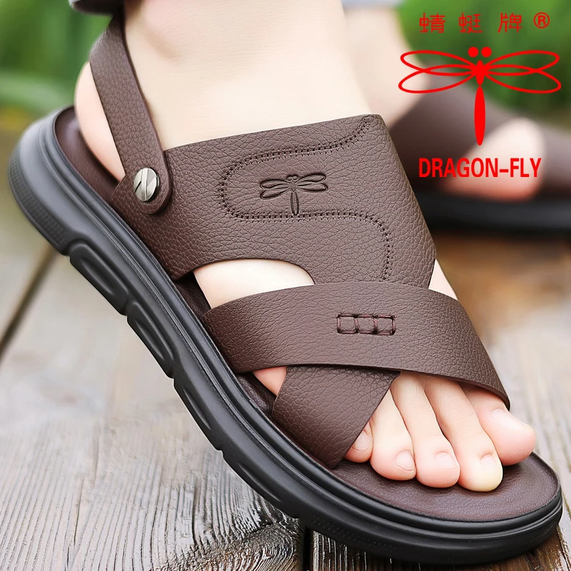 蜻蜓牌头层牛皮男士真皮凉鞋2025新款夏季潮流外穿凉拖防滑沙滩鞋