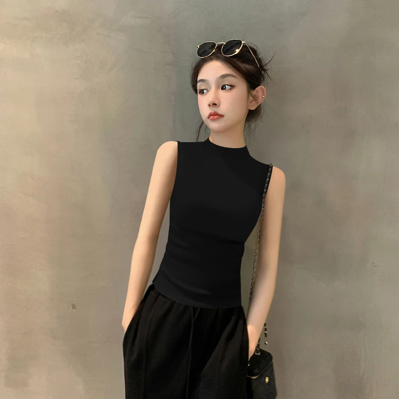 2025新款夏季黑色半高领背心吊带女坎肩薄款打底内搭无袖紧身上衣