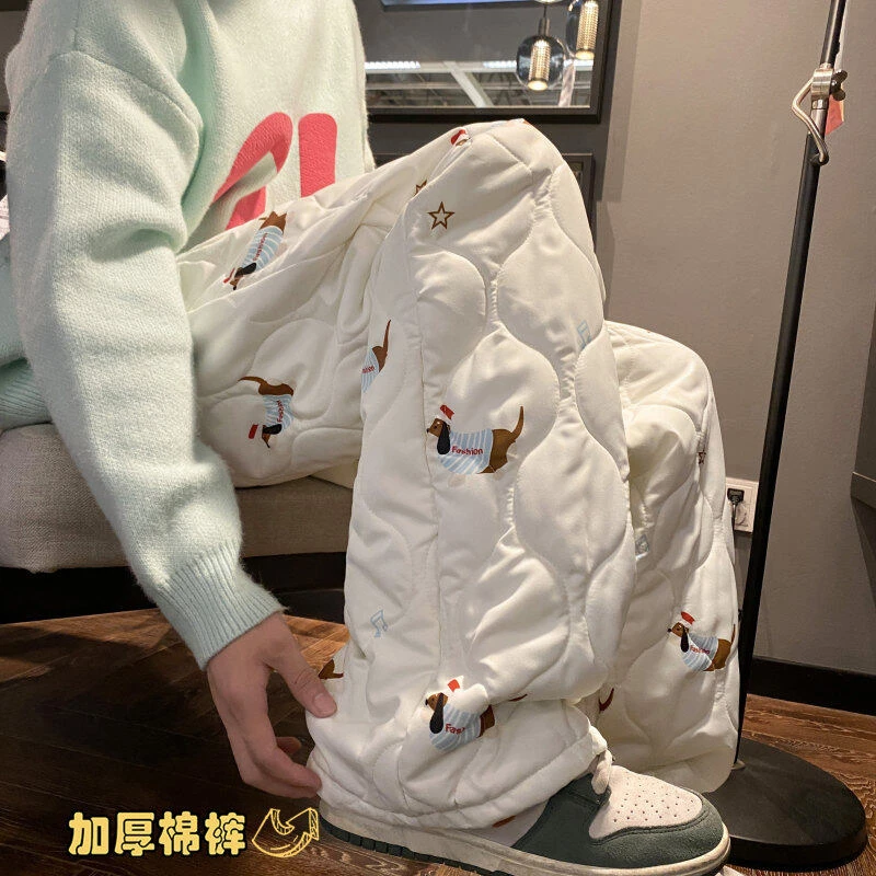 腊肠狗印花葫芦纹棉裤男外穿过冬保暖穿搭哈尔滨防寒加棉滑雪裤子