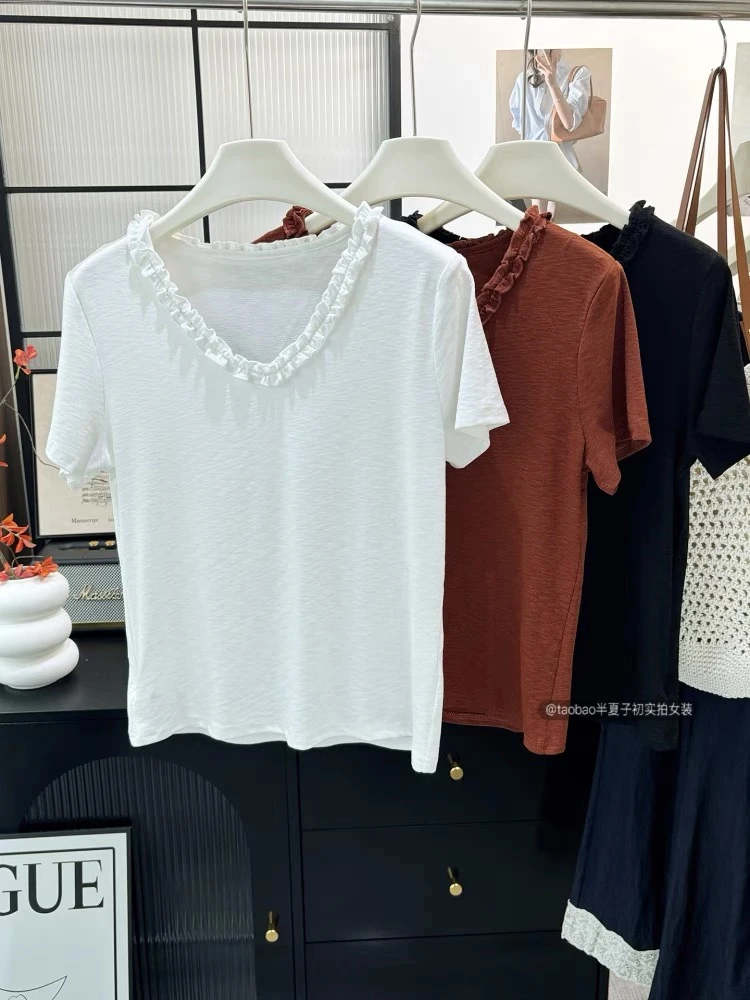 美丽姐的花边领口不规则T恤25075