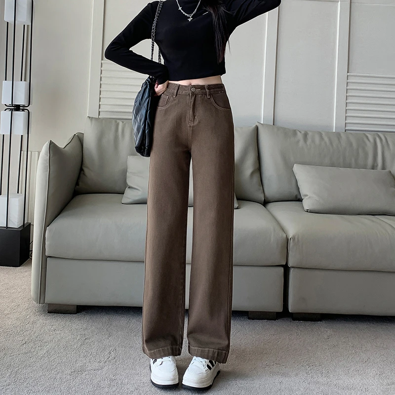 秋冬季100棉板栗棕色小个子高腰显瘦牛仔阔腿裤子