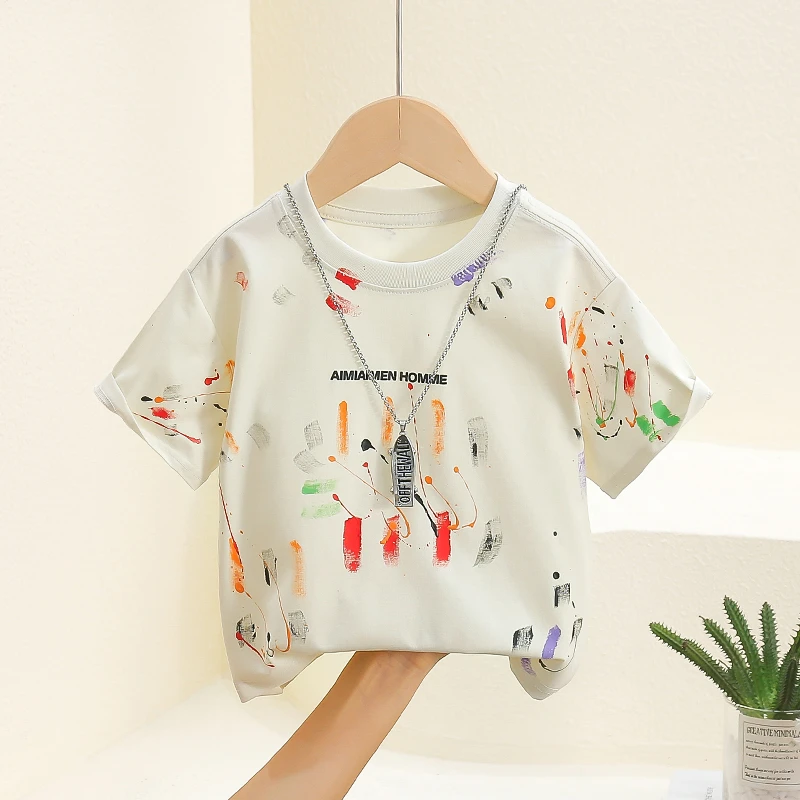 儿童夏季短袖T恤2025新款洋气男童痞帅手绘半袖上衣宝宝棉衣服
