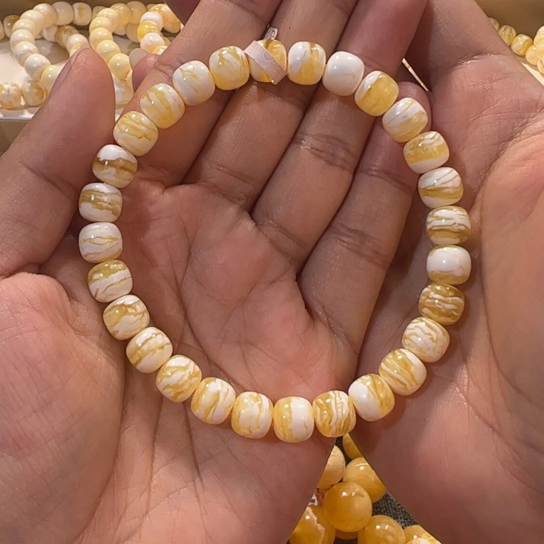 琥珀裸石未镶嵌8mm同料金瓷白虎皮纹手串