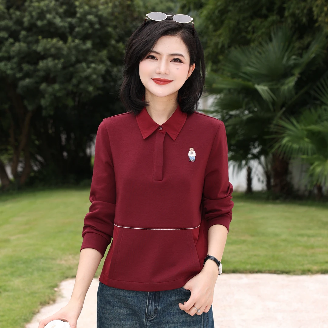 枫竺阿楠anan休闲通勤Polo领小熊刺绣长袖卫衣出游服饰女拼接上衣