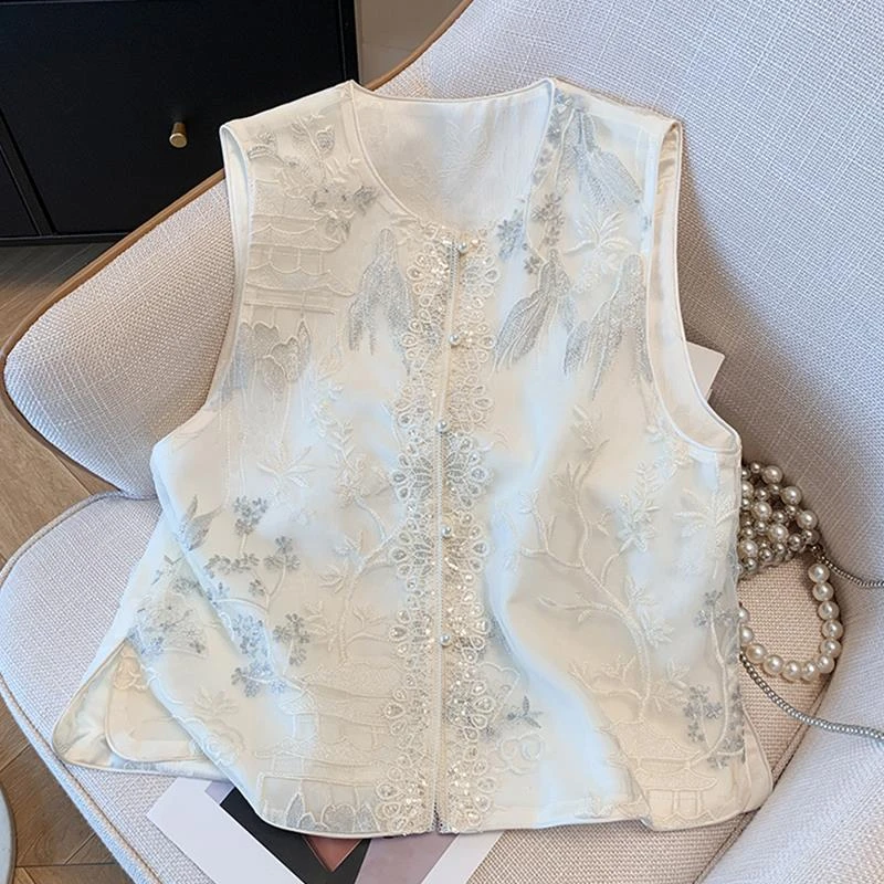 杜拉妮重工刺绣马甲中国风复古亮片马夹背心外穿夏季薄款新中式女