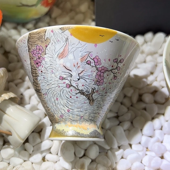 手绘九尾白狐主人茶杯