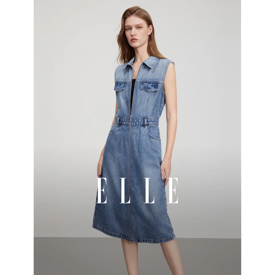 ELLE显瘦气质时尚牛仔连衣裙女2025夏新款复古设计感长裙EL51207