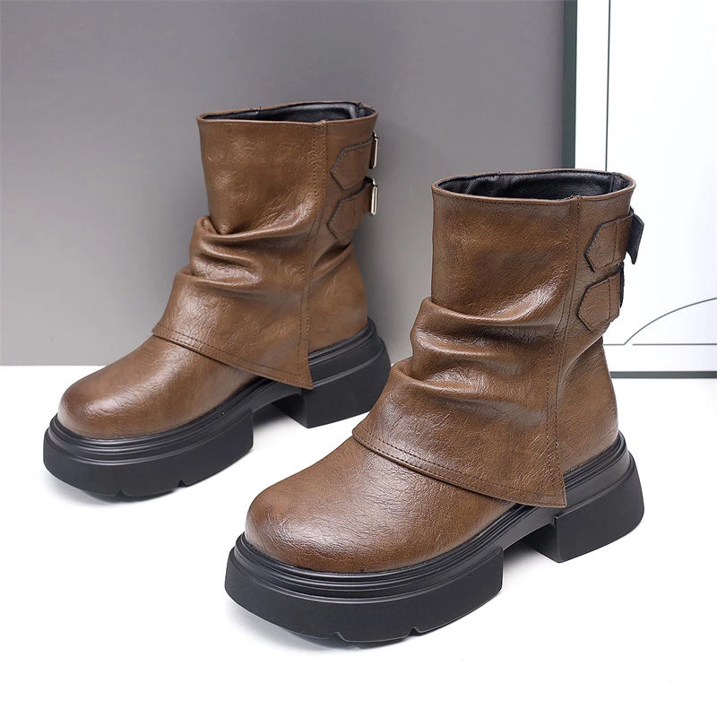 2024秋冬短款增高显瘦复古英伦风网红真皮裤管靴