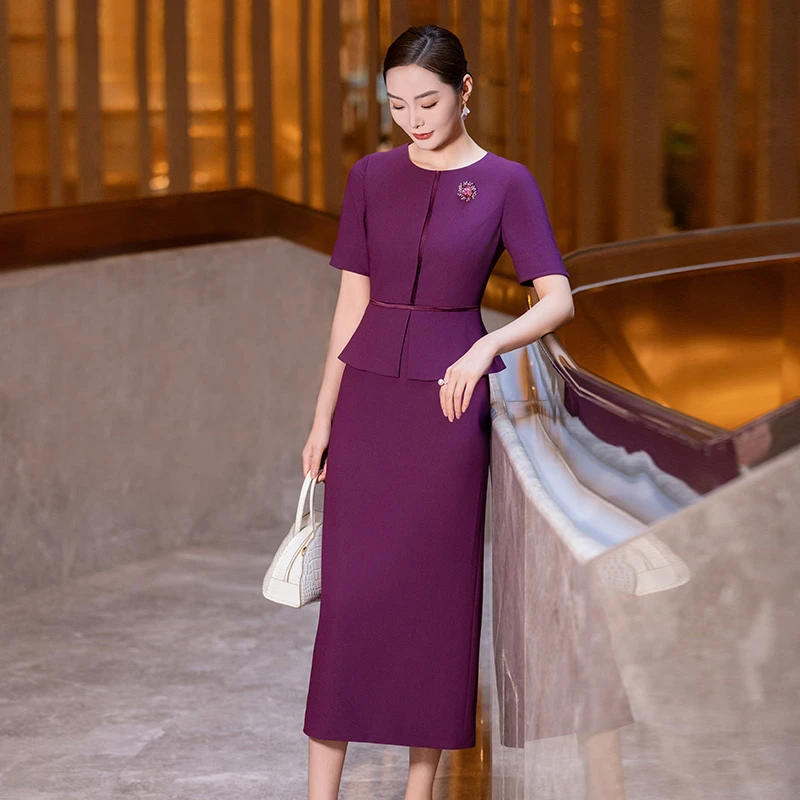 2025春夏新款紫色纯色商务优雅假两件连衣裙显瘦裙子气质时尚夏季