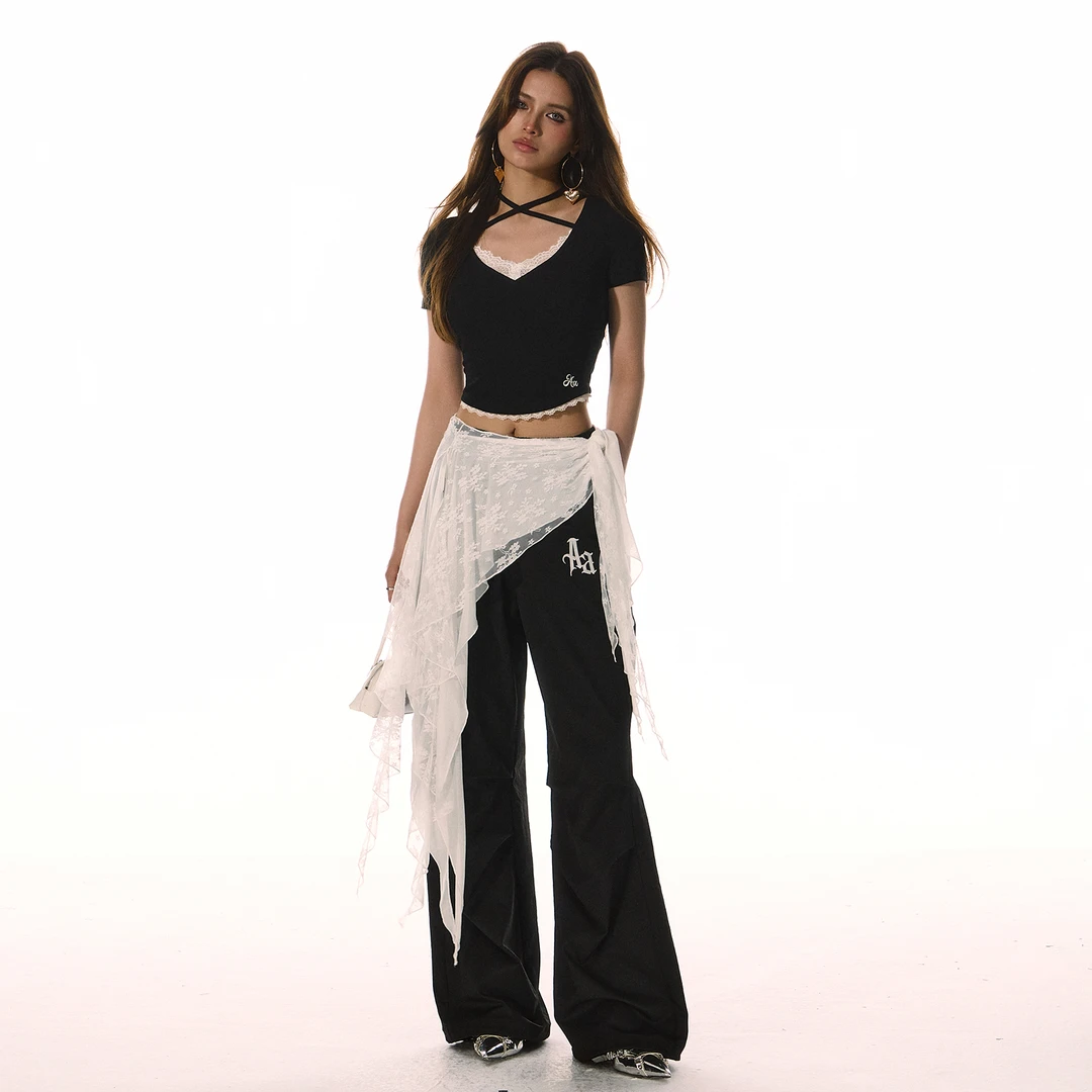 ACME AURA 美式辣妹假两件蕾丝V领正肩短袖t恤女