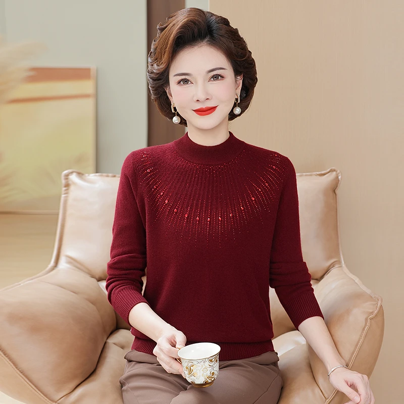 100%纯羊毛针织衫中老年妈妈装气质中老年秋冬洋气半高领女士打底