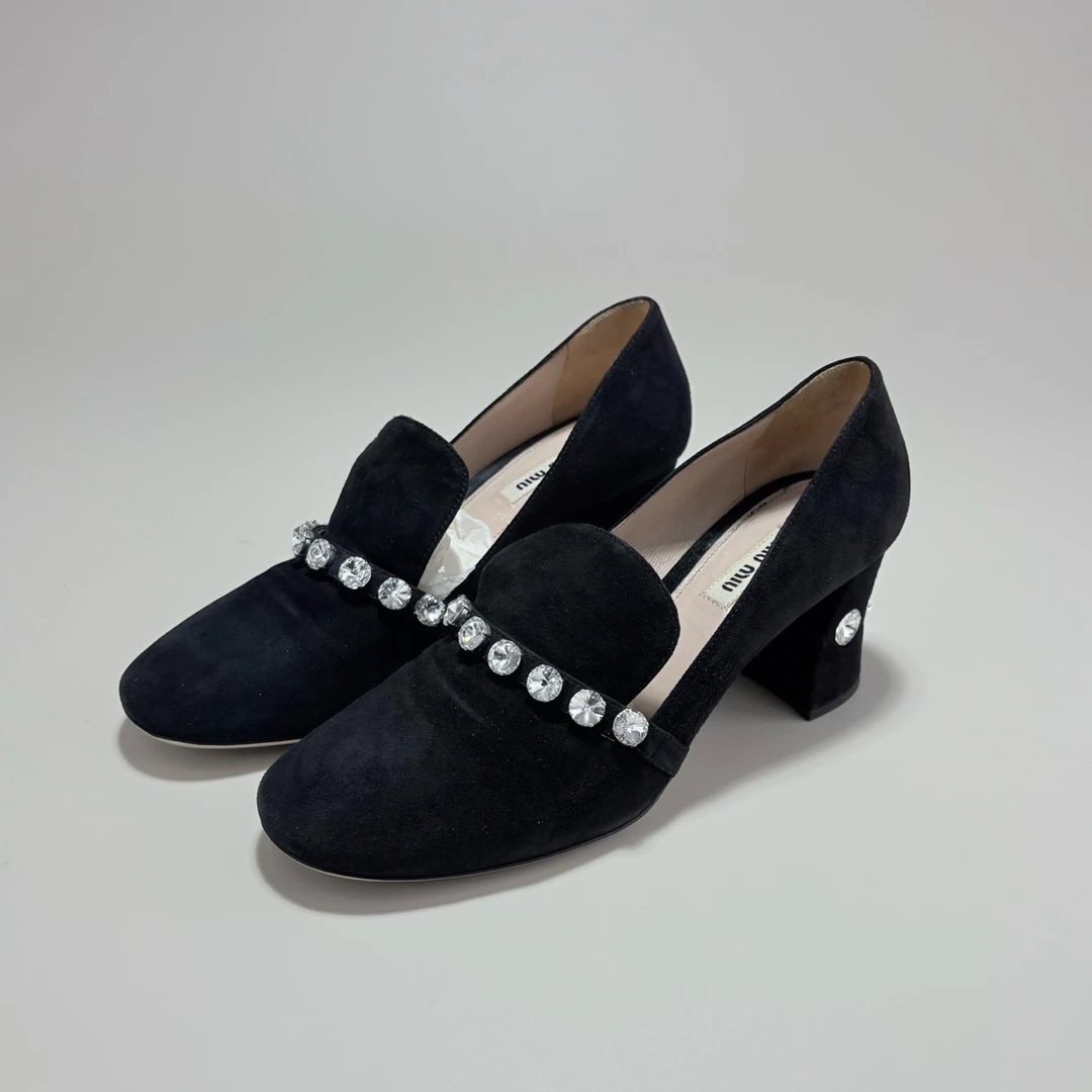 95新 MIU MIU/缪缪 MIUMIU缪缪水钻高跟鞋37.5码 95新13893