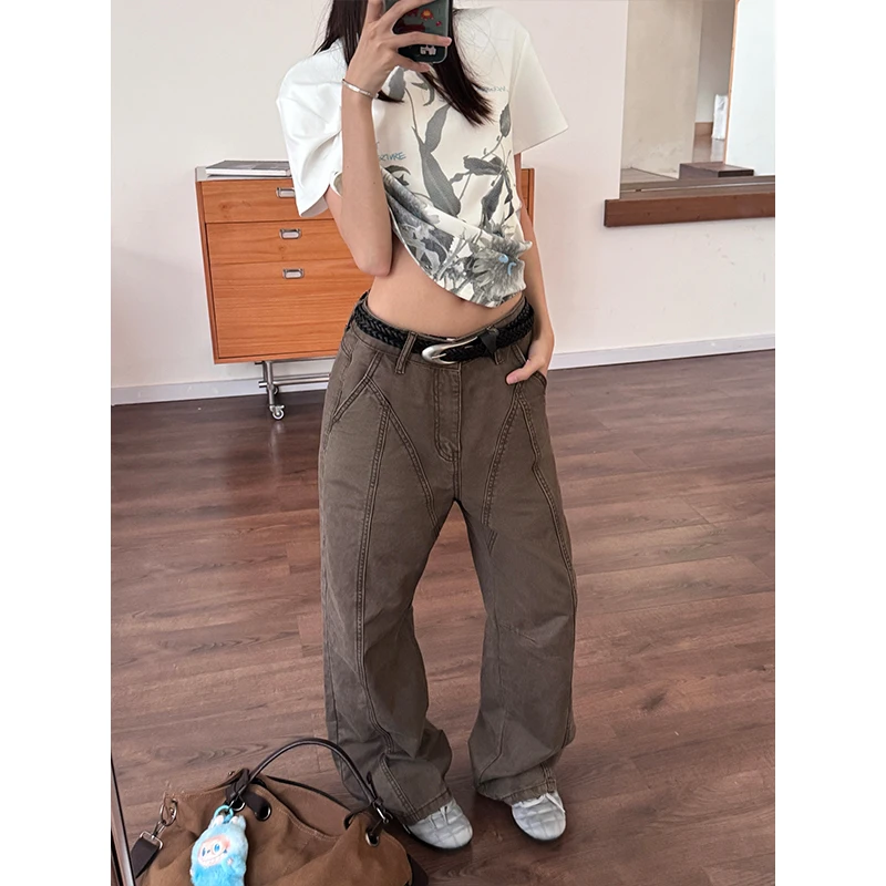 URKR美式复古做旧褶皱工装裤男女夏季宽松休闲百搭中腰直筒长裤