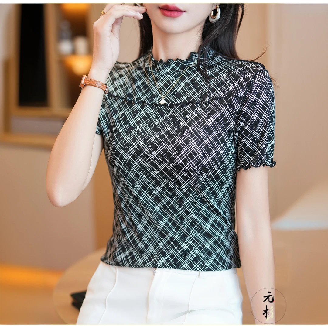 桑蚕丝印花格子真丝T恤女短袖2025新款女装半高领上衣打底衫