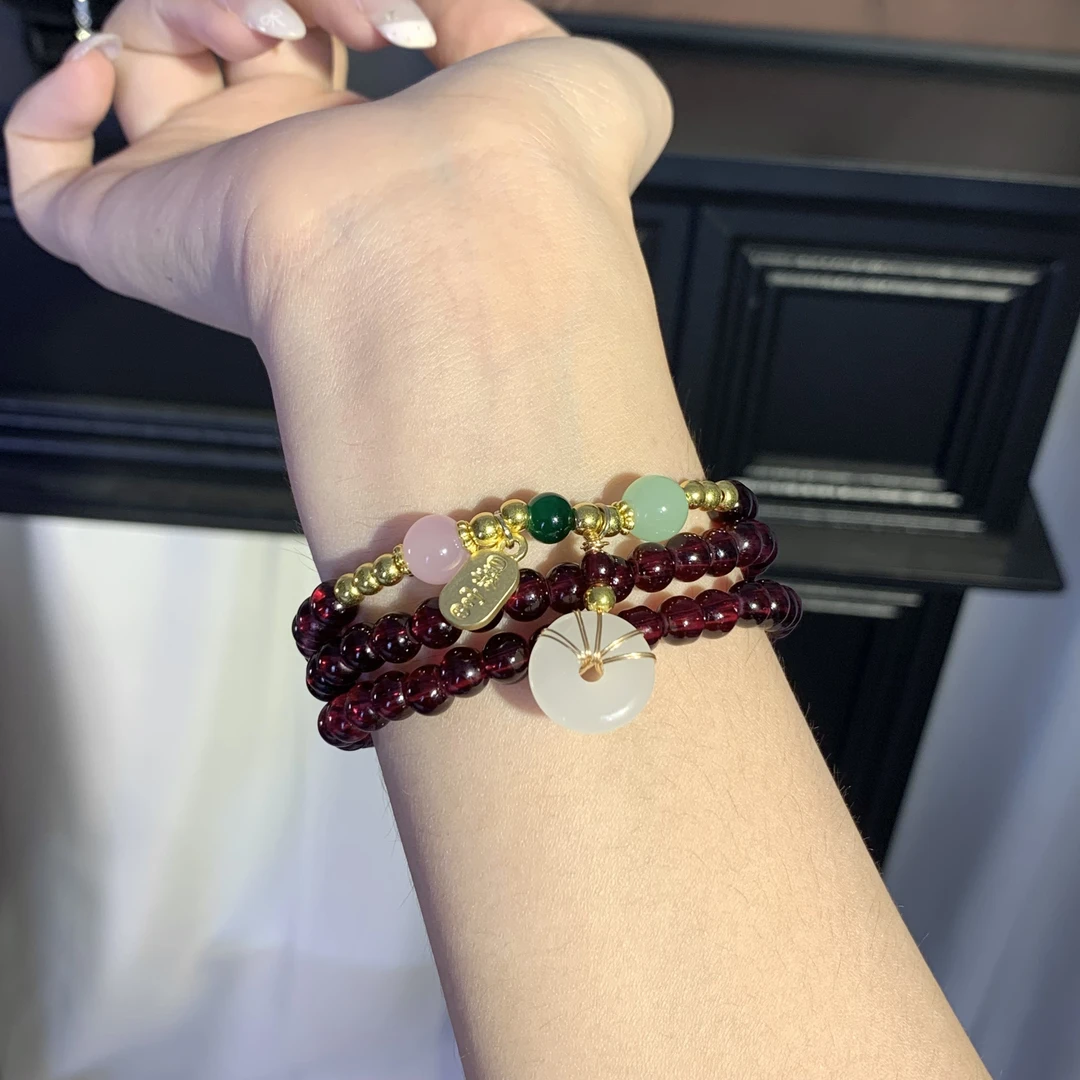 Liwuu 高级感叠戴三圈手链项链轻奢国风古法转运珠平安扣手串s041