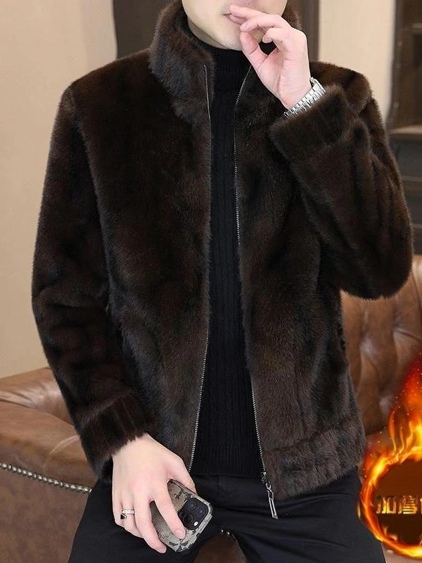 昆加希毕冬季新款男立领保暖仿貂绒皮毛一体男装大衣皮草外套冬装